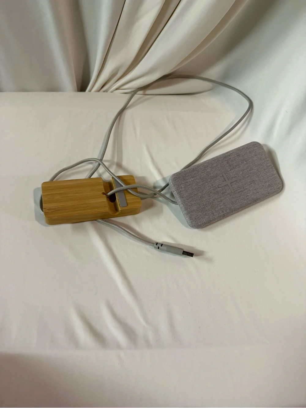 IKEA Gray Fabric Wireless Charging Stand with Wood Base